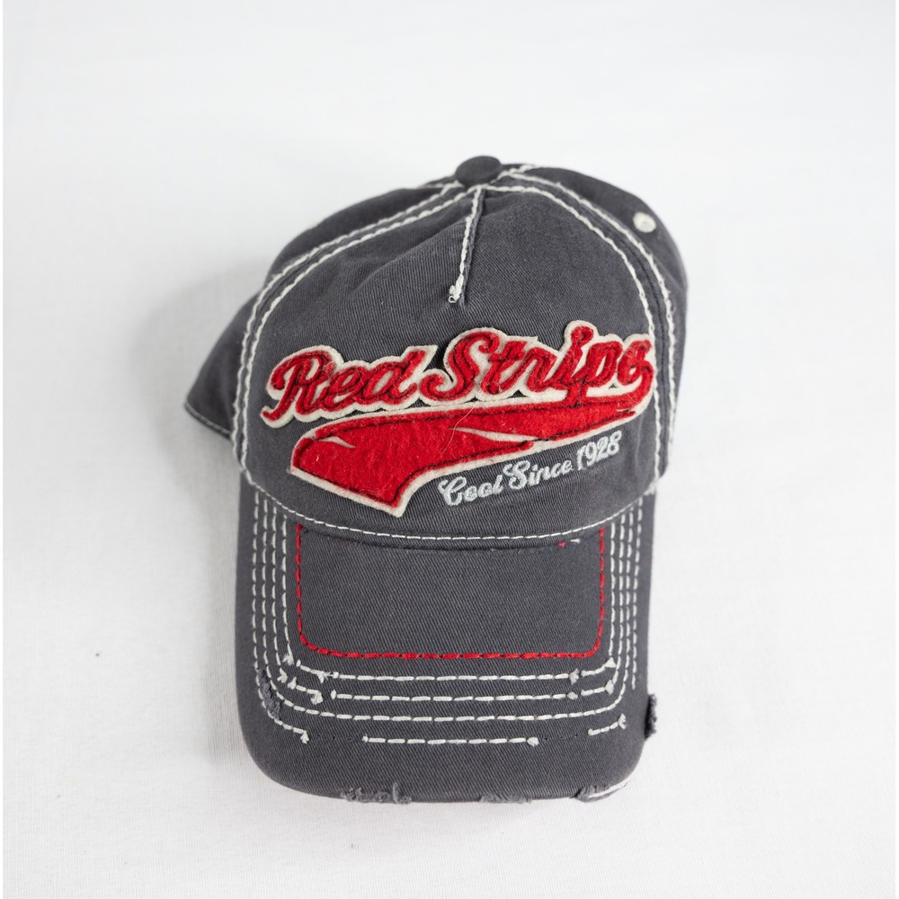 Red Stripe Beer Baseball Cap Mens OSFM Grey Excellent Distressed Strapback Hat